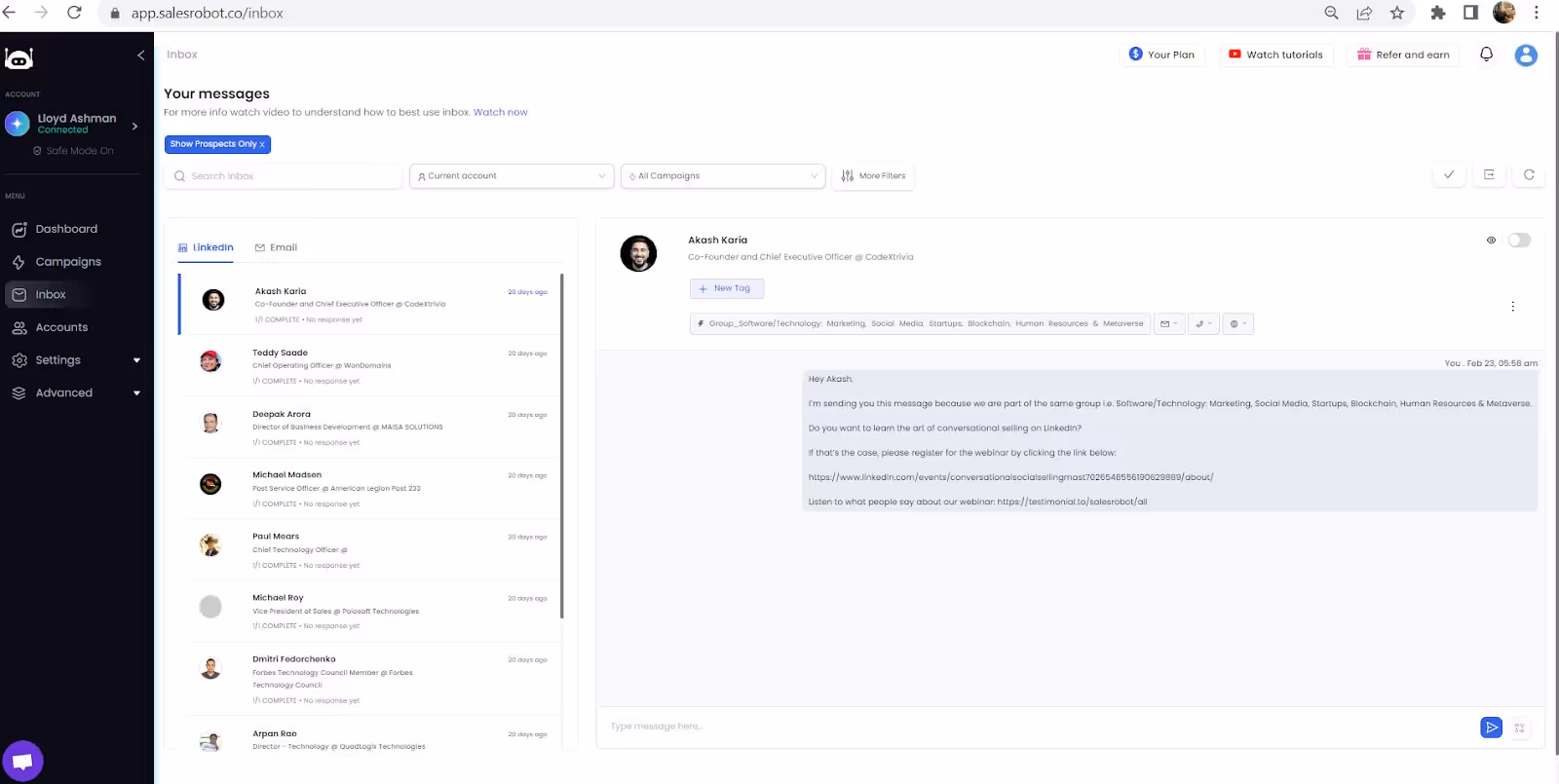 Inbox management in SalesRobot