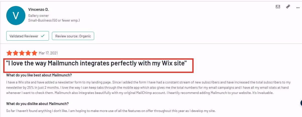 Customer review: I love the way Mailmunch integrates perfectly with my Wix site