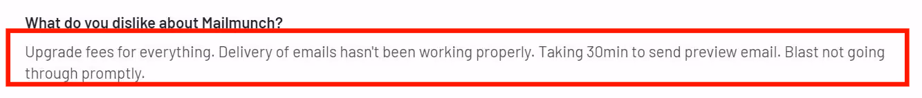 Negative user review of Mailmunch complaining that every feature needs an upgrade fee