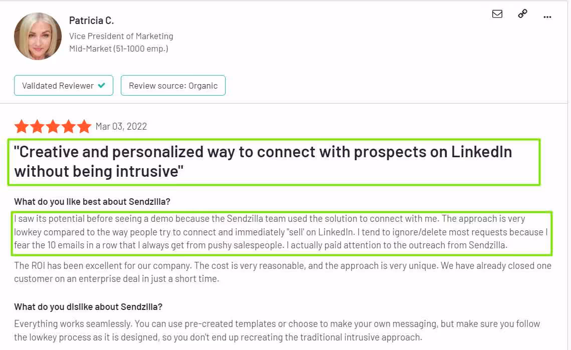 Positive review of SalesRobot's LinkedIn personalization options 