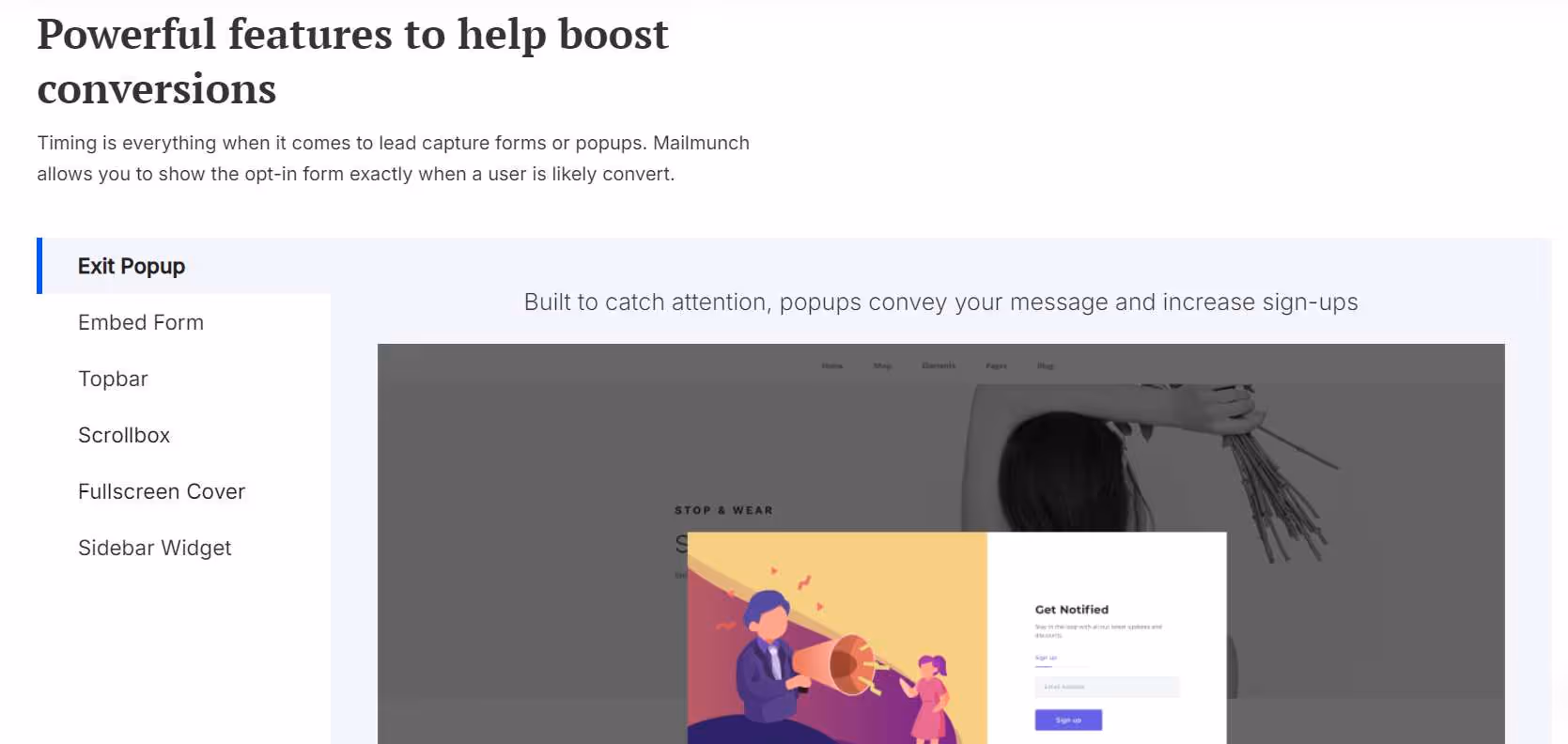 Maillmunch website exit pop-up box feature 