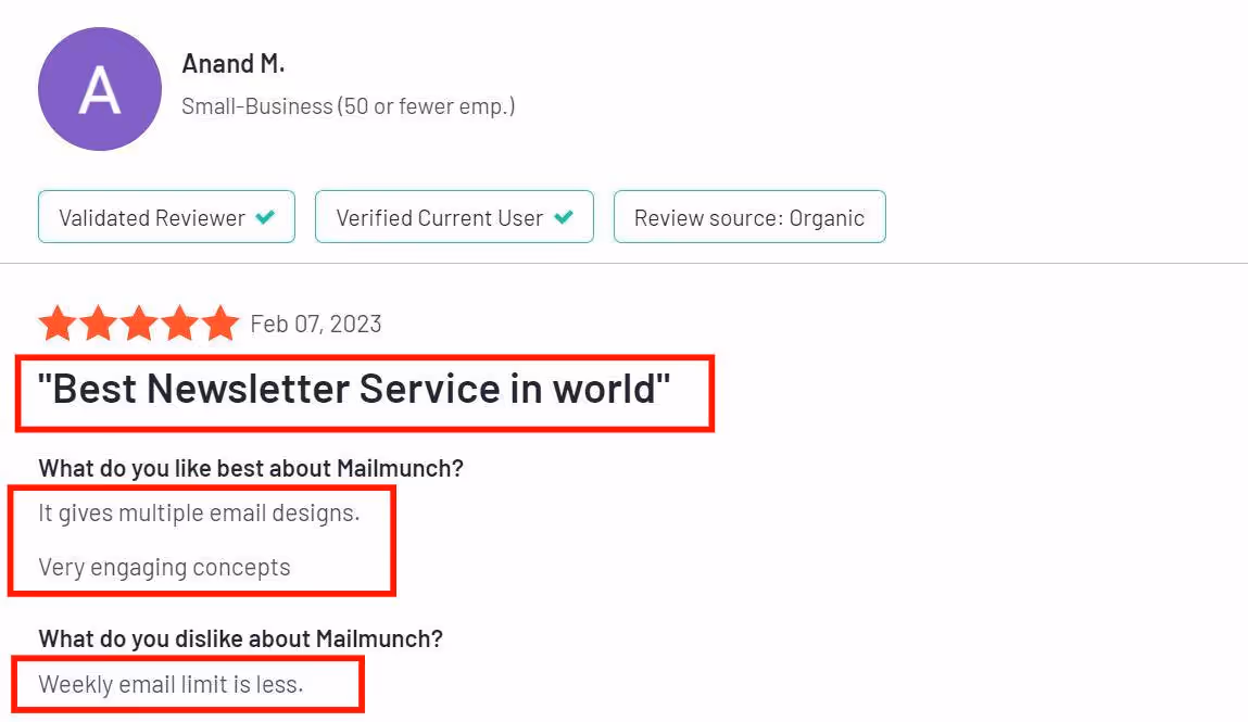 Positive user review of Mailmunch newsletter feature