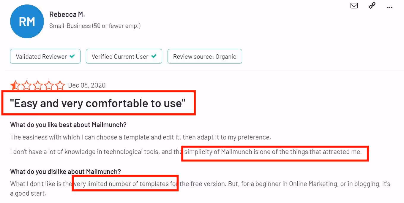 Negative user review of Mailmunch saying that there are limited email templates to work with