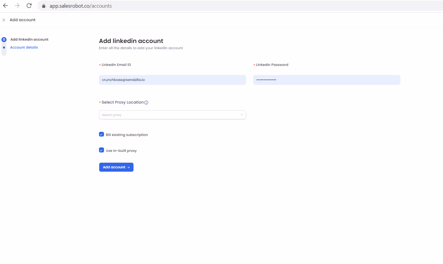 Adding LinkedIn account on Salesrobot