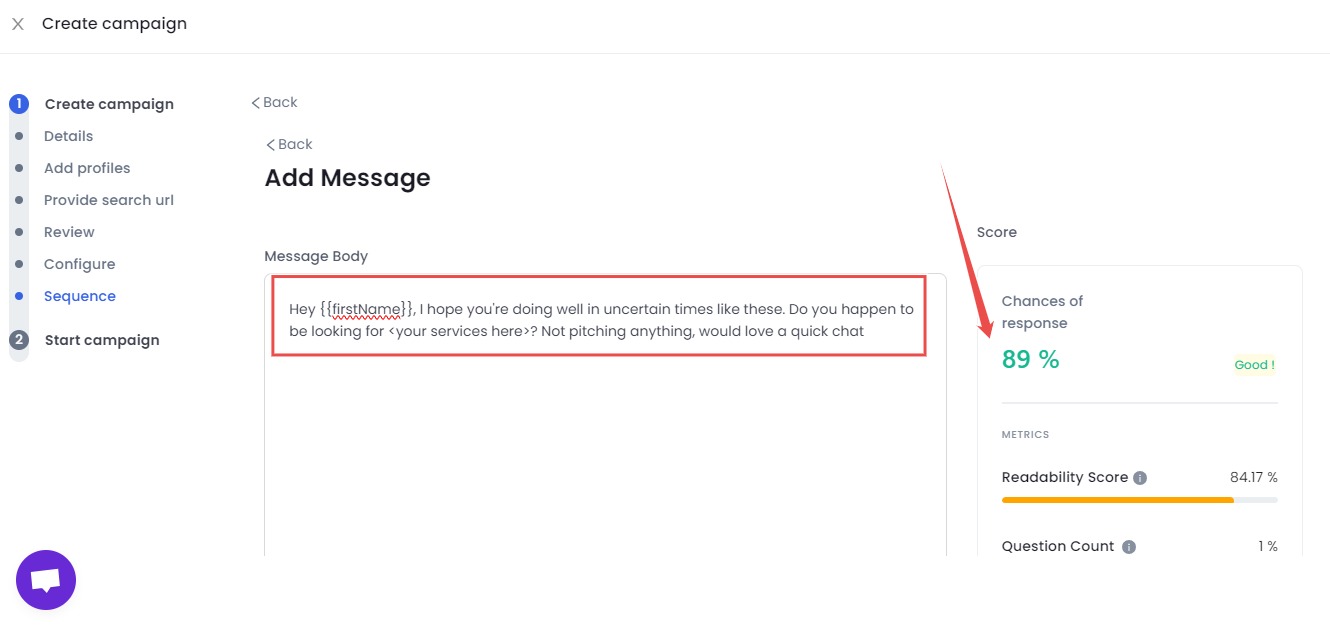 A message body with a chance of response of 89% and a readability score of 84.17%.