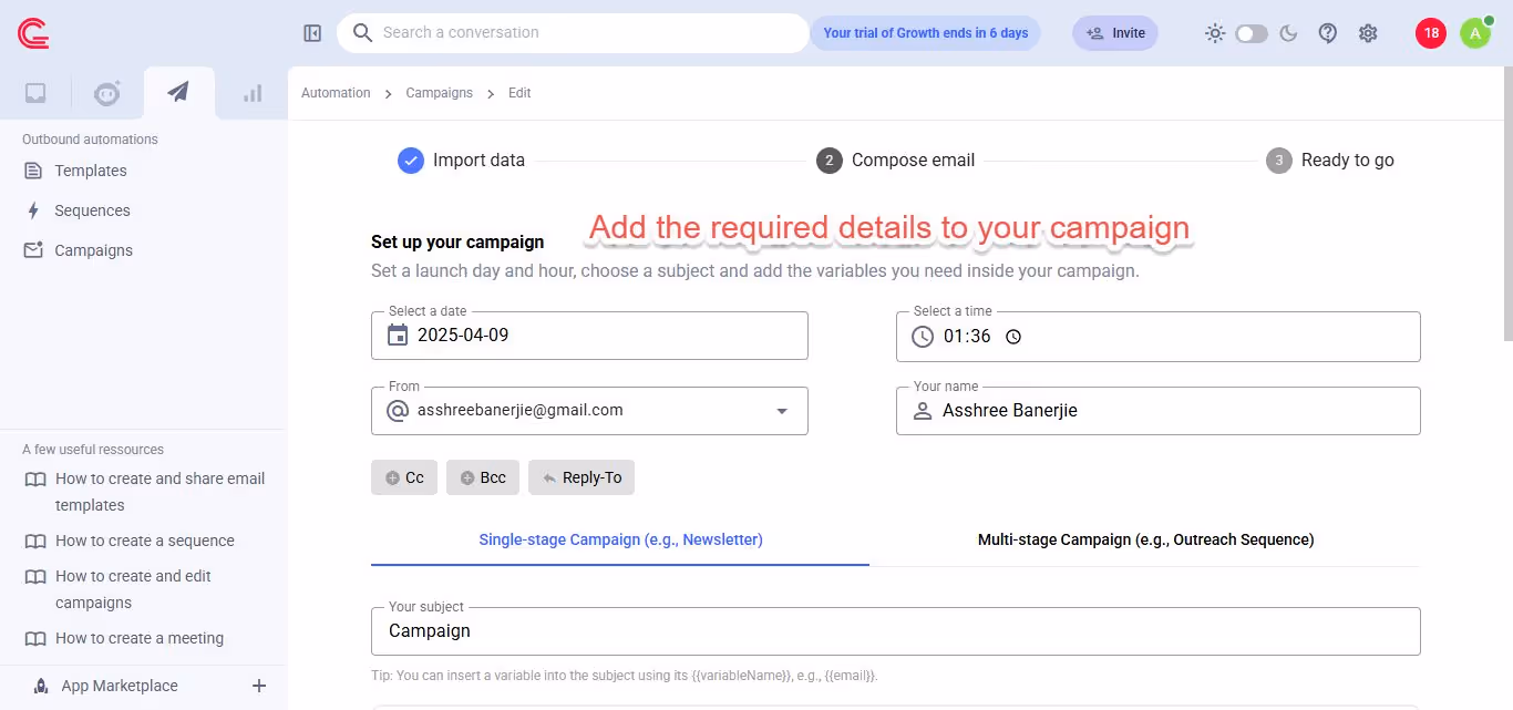 Campaign setup details.