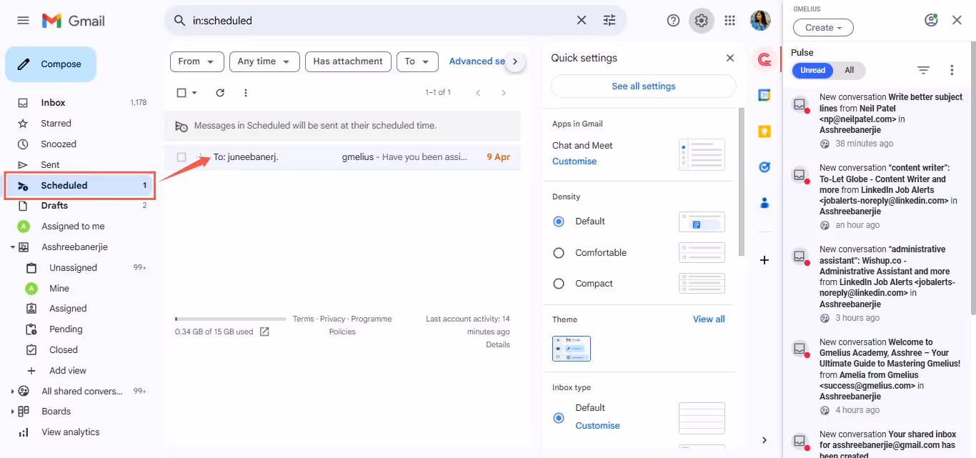 Gmail showing scheduled emails.