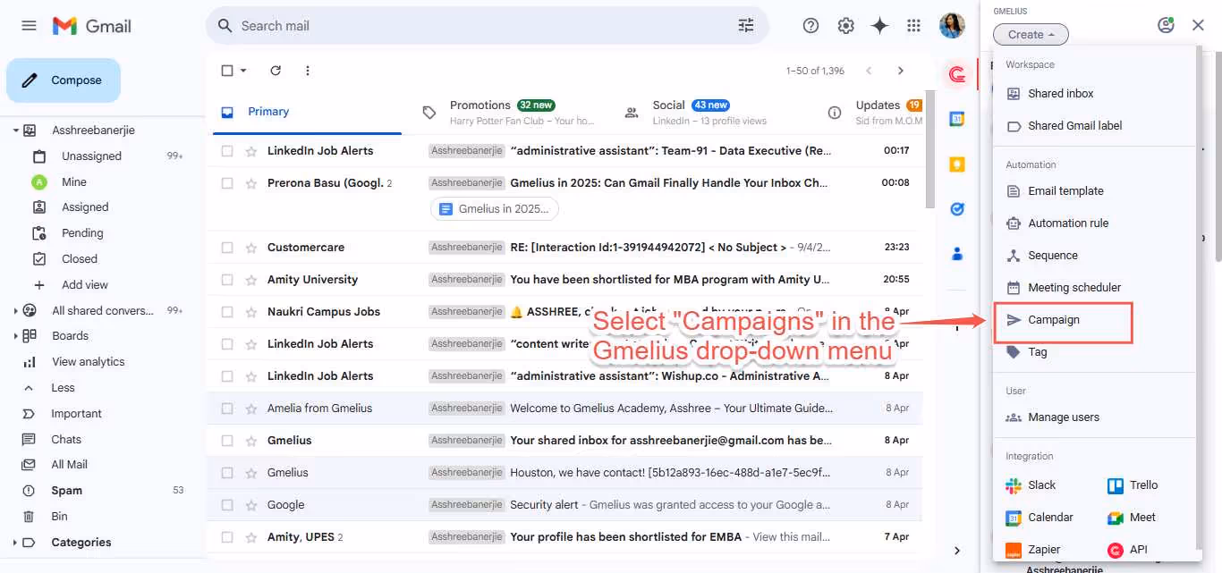Gmail interface with Campaigns selected.