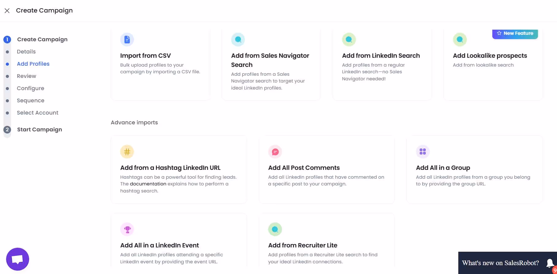 Screenshot of the 'Create Campaign' page in SalesRobot, showing options for importing profiles from various sources like CSV, Sales Navigator, LinkedIn Search, and more.
