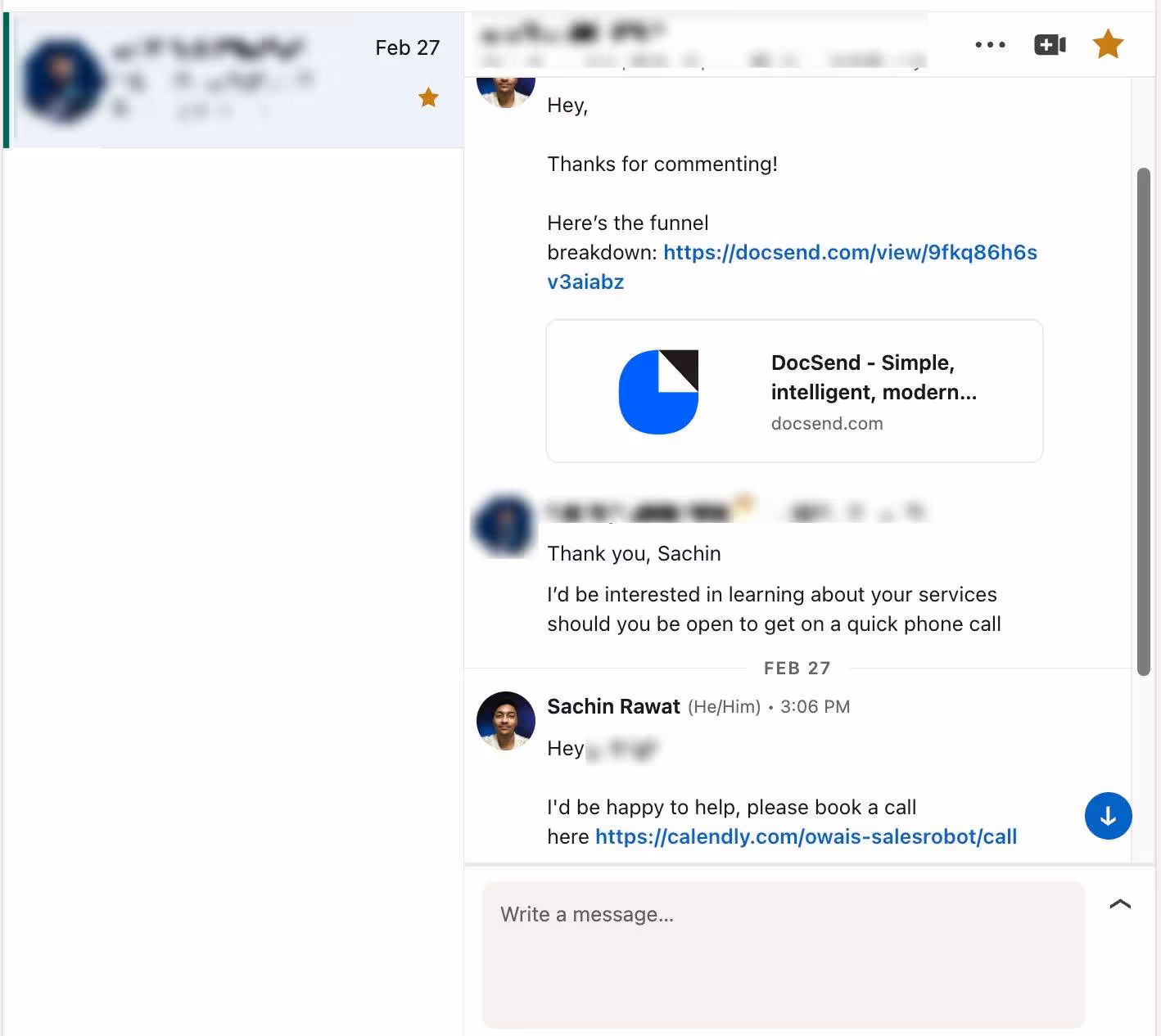 A LinkedIn conversation showing a message exchange with links to DocSend and Calendly.