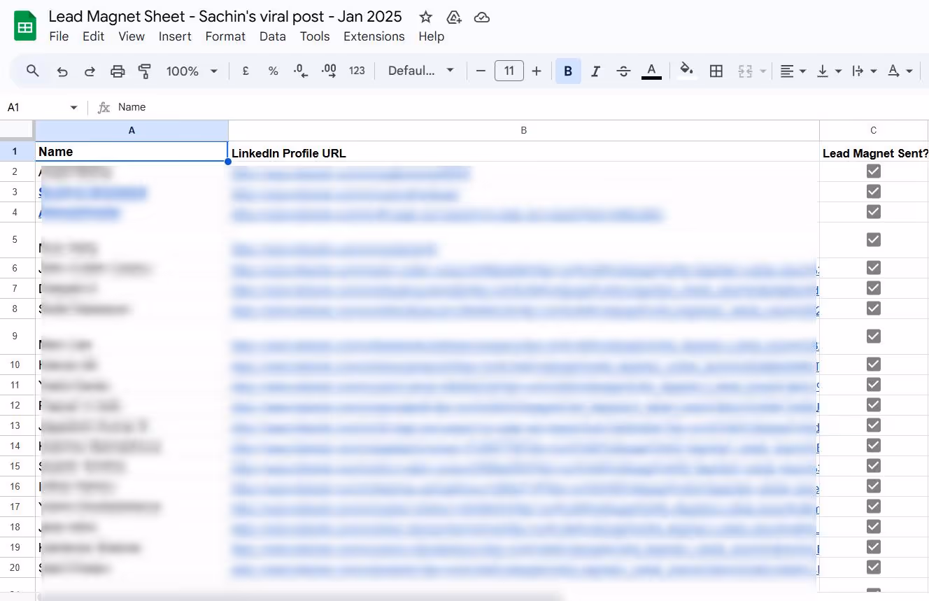 A blurred spreadsheet titled Lead Magnet Sheet - Sachin's viral post - Jan 2025, with columns for Name, LinkedIn Profile URL, and Lead Magnet Sent.