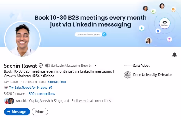 A LinkedIn profile of Sachin Rawat, a LinkedIn Messaging Expert.