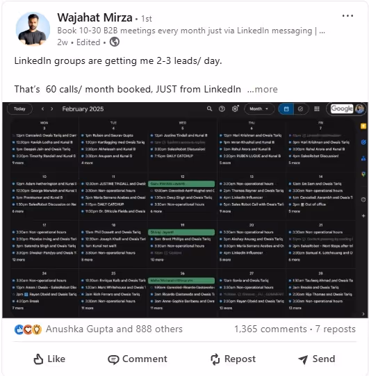 A LinkedIn post from Wajahat Mirza about booking B2B meetings via LinkedIn messaging, showing a calendar.