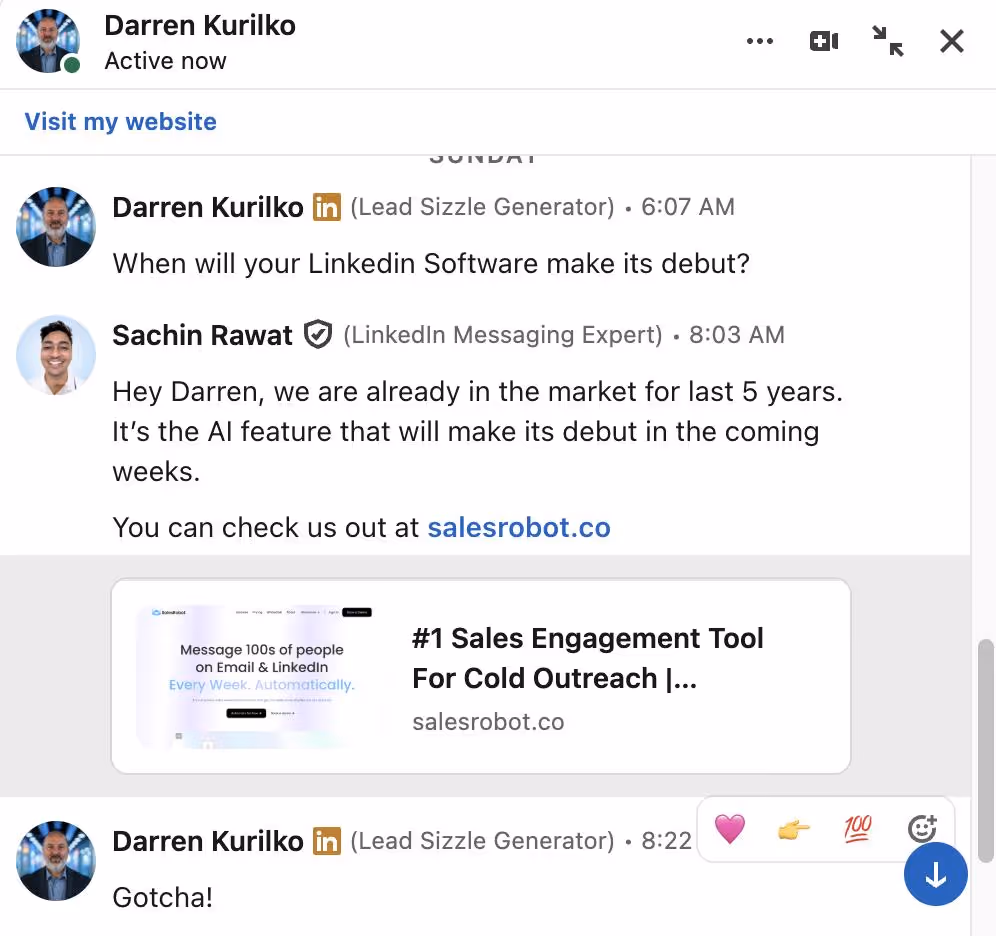 A LinkedIn conversation between Darren Kurilko and Sachin Rawat.