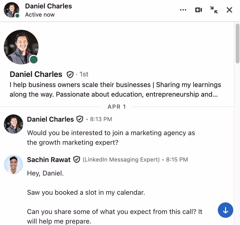 A LinkedIn conversation between Daniel Charles and Sachin Rawat.
