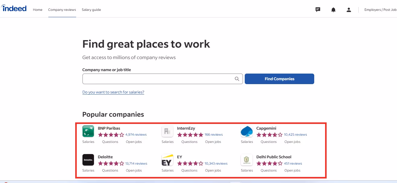 Screenshot of Indeed's 'Find great places to work' section, highlighting popular companies.