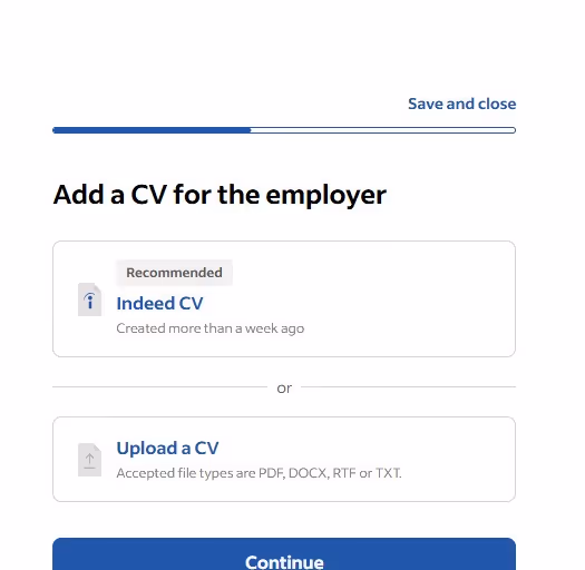Screenshot of Indeed CV upload page.