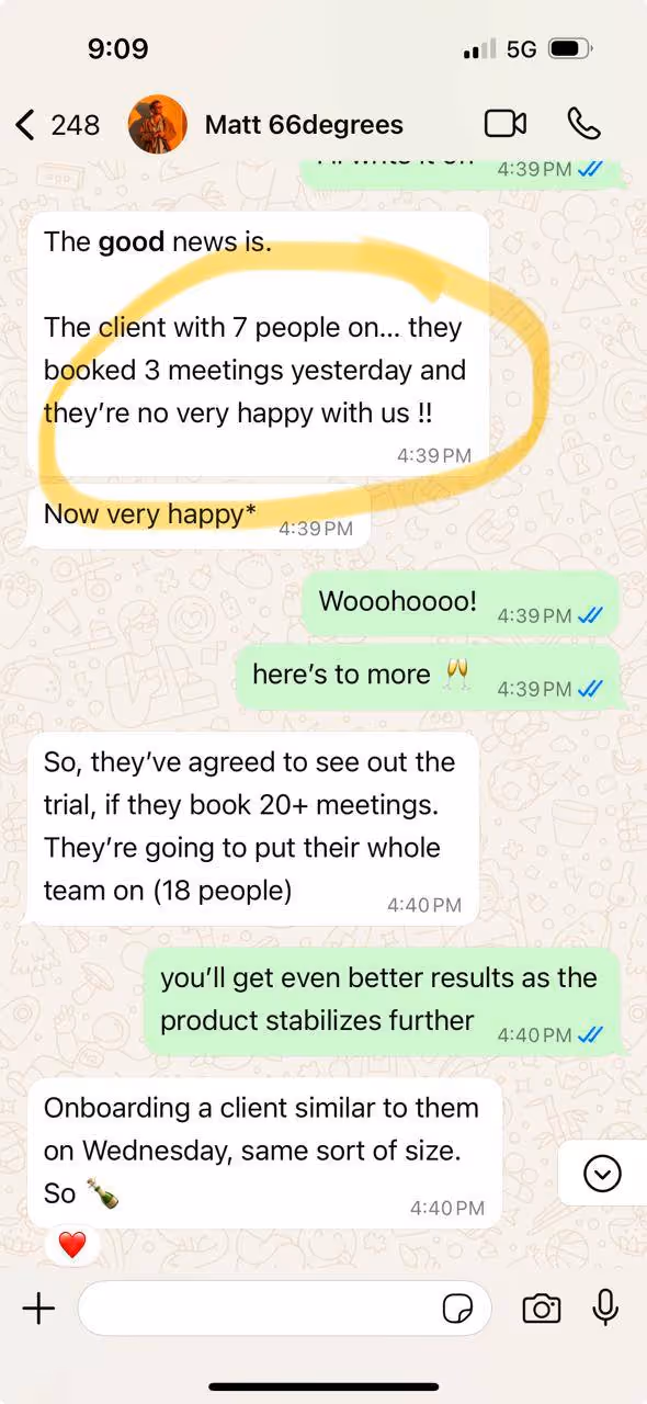 A screenshot of a text message conversation, highlighting a client booking meetings and expressing satisfaction with the service.