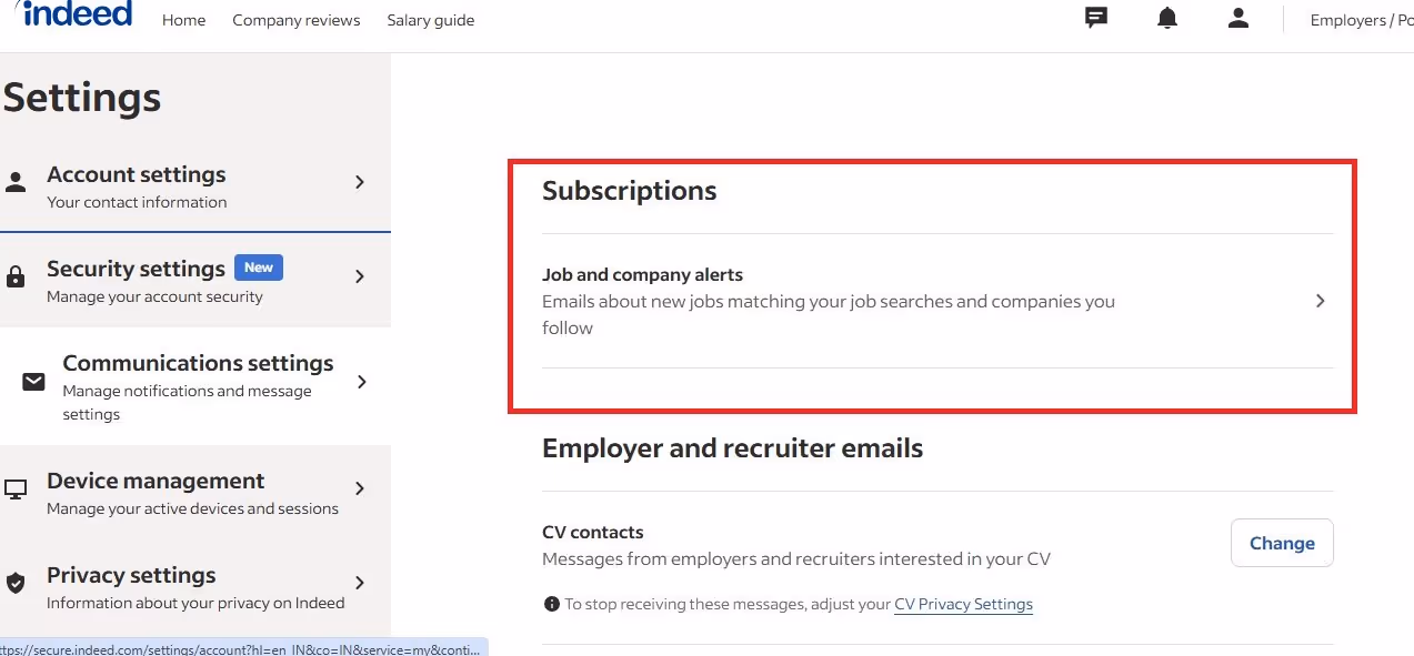 Screenshot of Indeed settings page, focusing on subscription options.