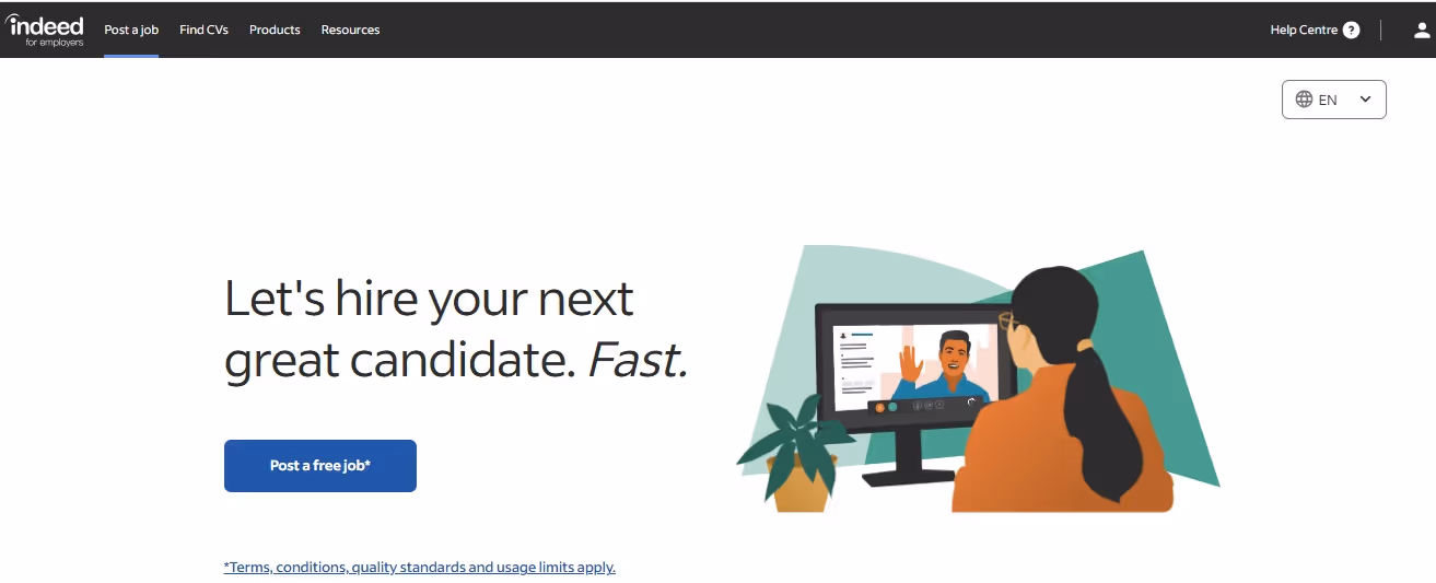 Screenshot of Indeed's employer homepage promoting hiring candidates quickly.