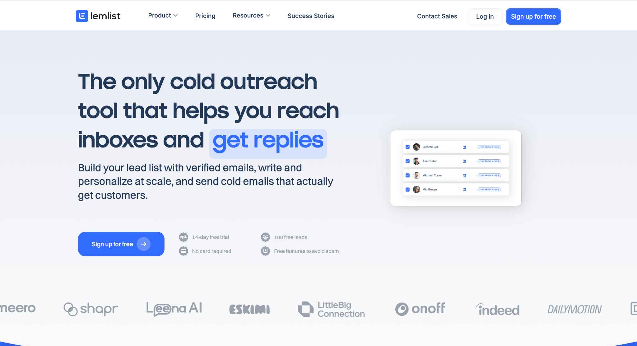 lemlist cold outreach tool landing page