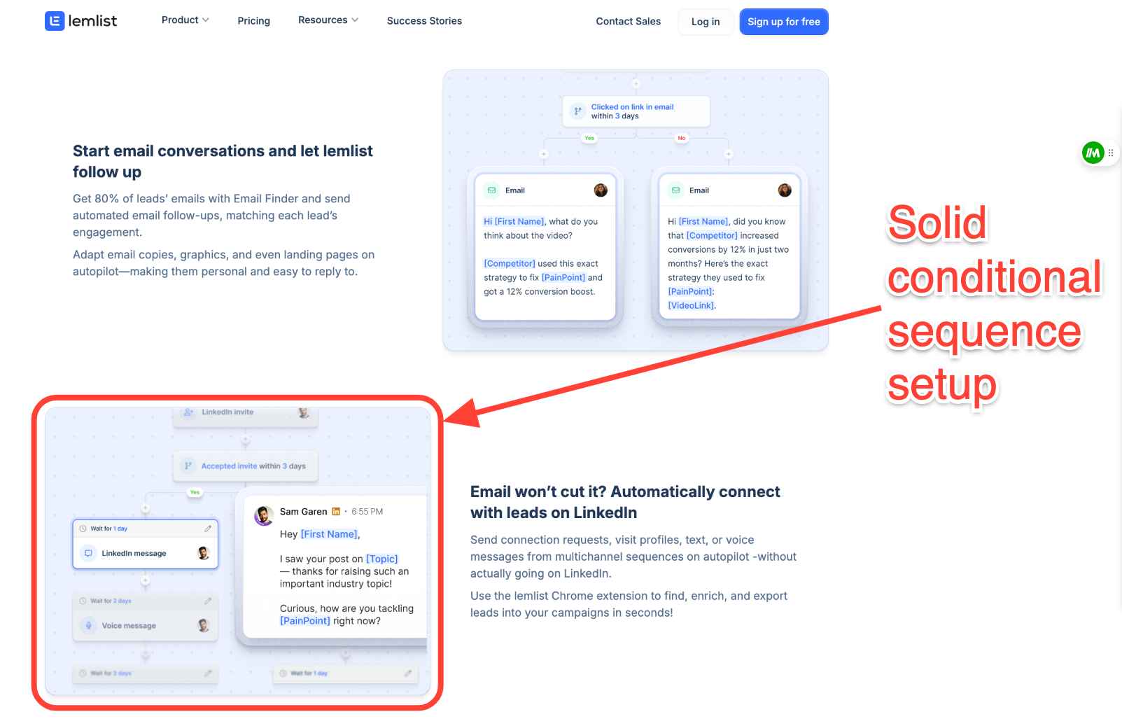 Lemlist conditional sequence setup for email and LinkedIn