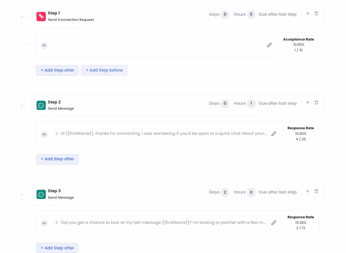 SalesRobot connection request and message steps