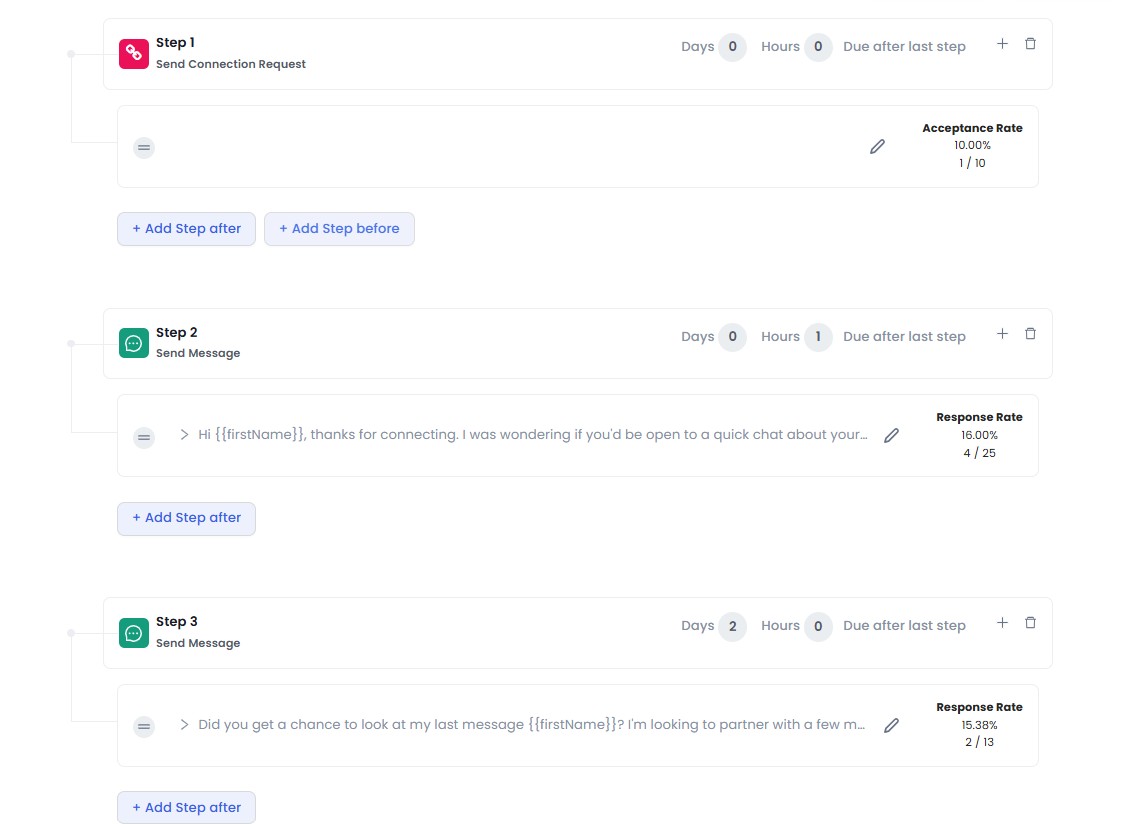 SalesRobot connection request and message steps