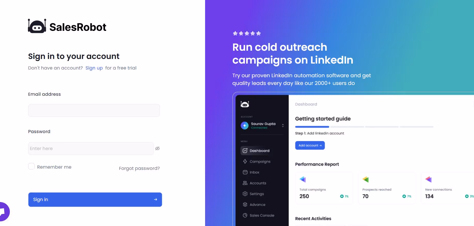 SalesRobot account sign-in page
