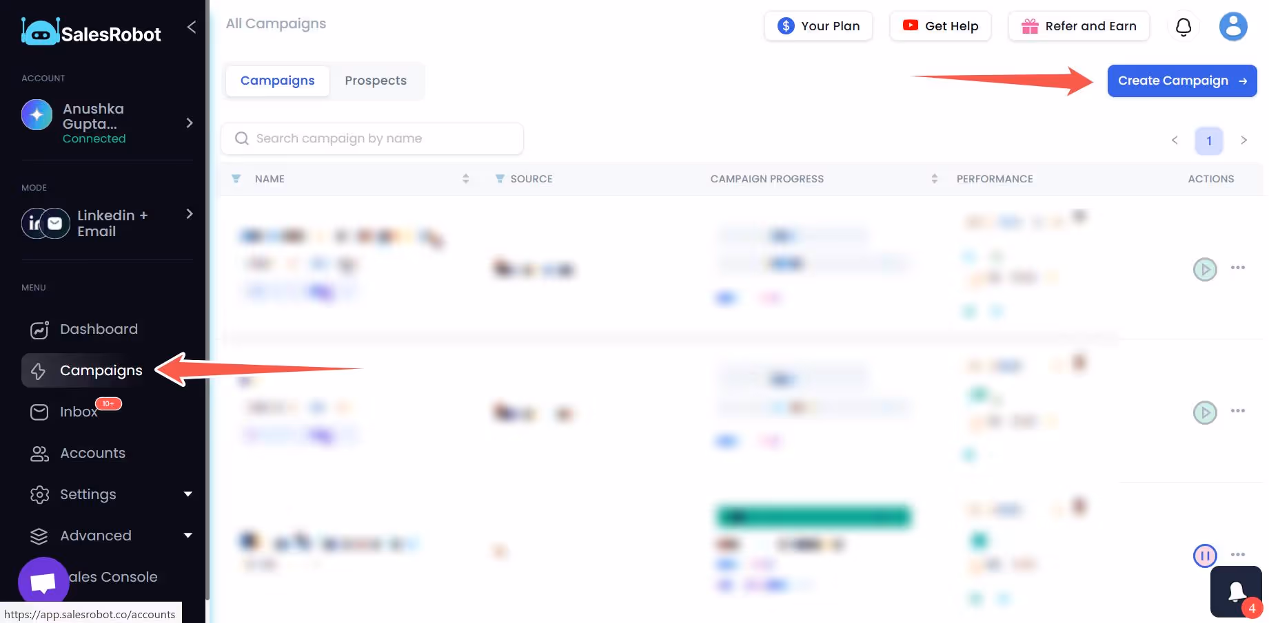 SalesRobot dashboard with navigation arrows pointing to 'Campaigns' and 'Create Campaign'.