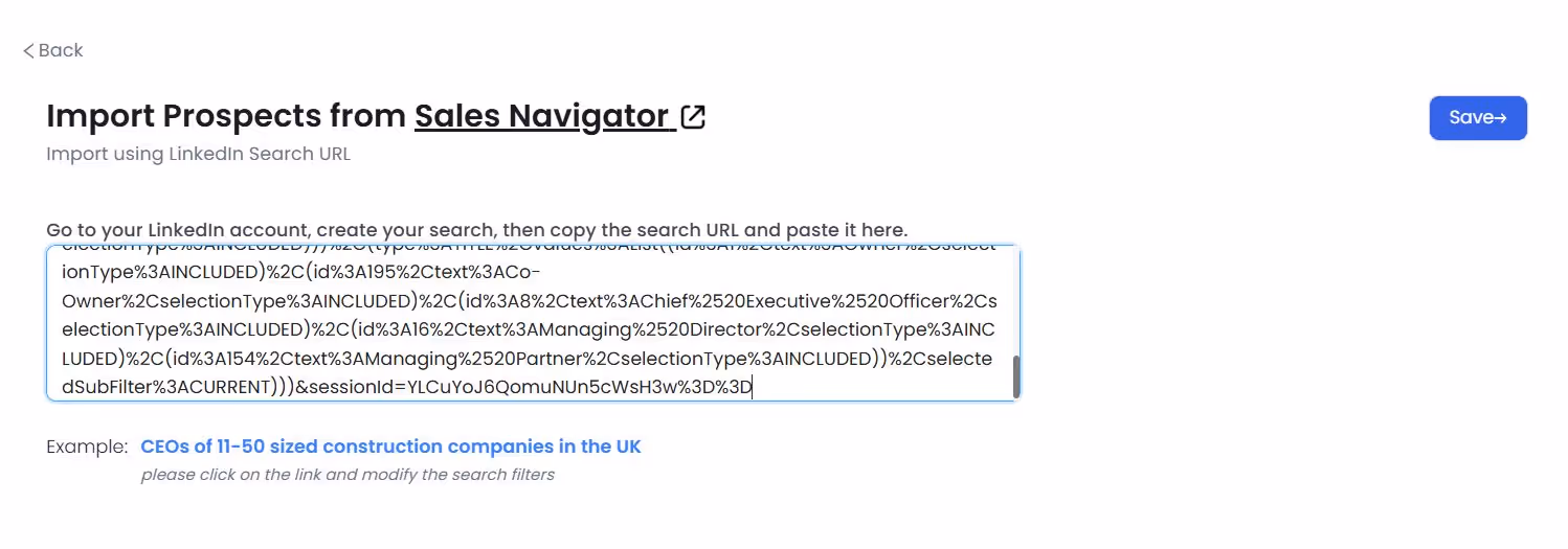 Screenshot of Sales Navigator import screen.