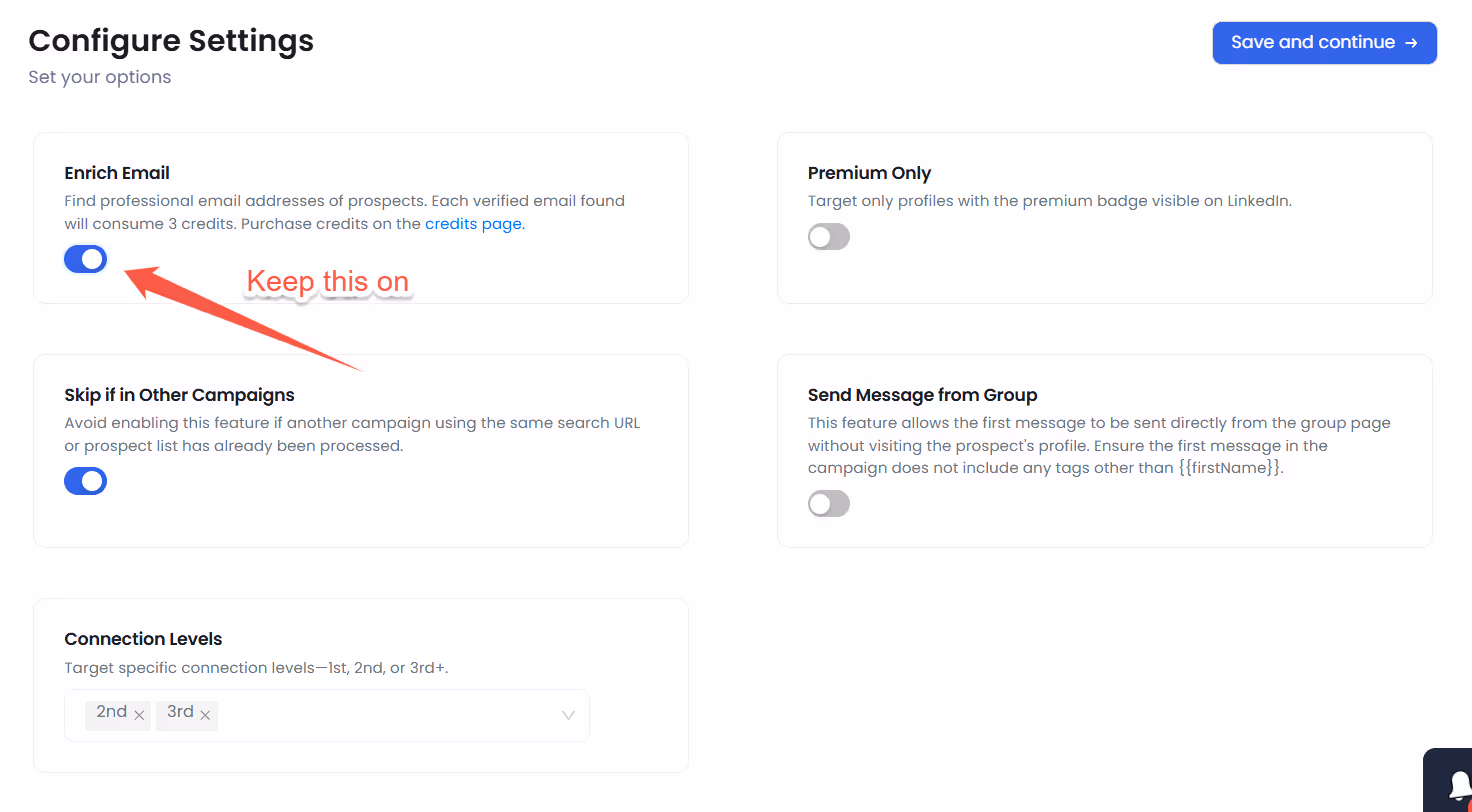 Screenshot of configuration settings with an arrow indicating to keep the 'Enrich Email' option on.