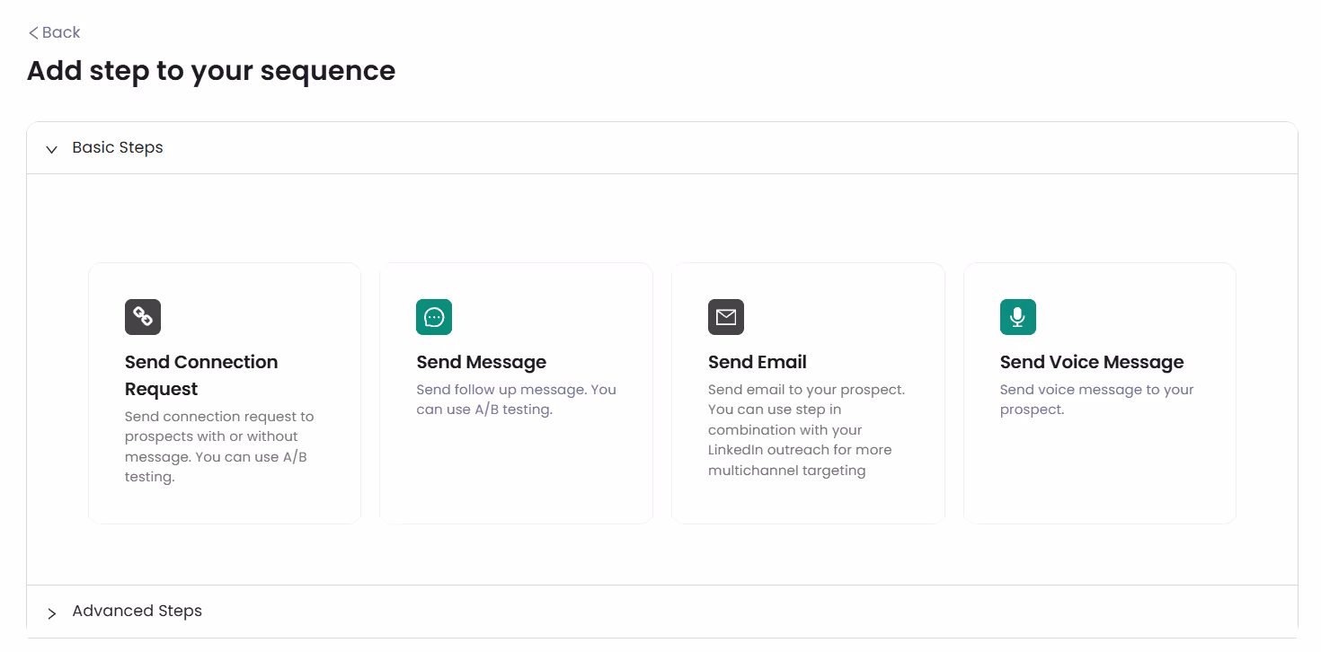 A screenshot of the 'Add step to your sequence' with basic steps like Send Connection Request, Send Message, Send Email, and Send Voice Message