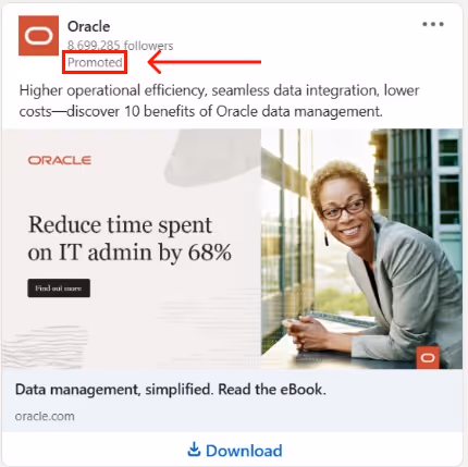 An Oracle ad on LinkedIn with an arrow pointing to the word 'Promoted'.