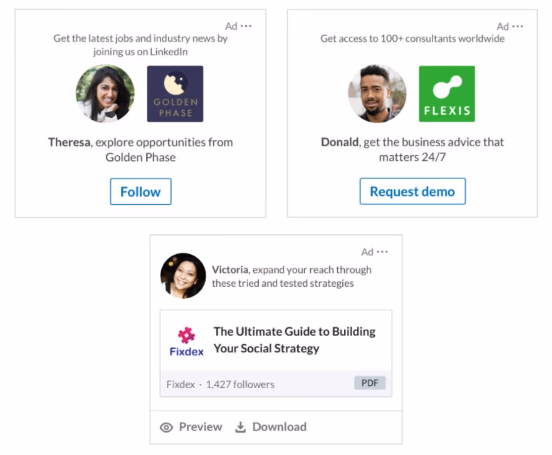 Three LinkedIn ads for Golden Phase, Flexis, and Fixdex.