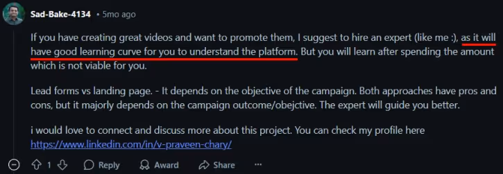 Reddit comment about hiring an expert for video creation on LinkedIn.