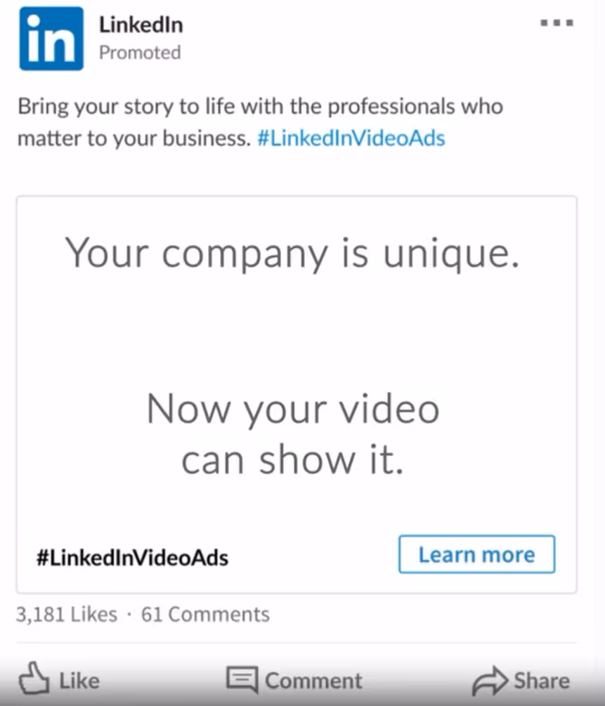 A LinkedIn video ad promoting unique company stories.