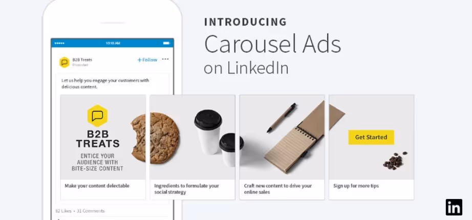 LinkedIn carousel ad showing a cookie, coffee, notepad, and a 'Get Started' button.
