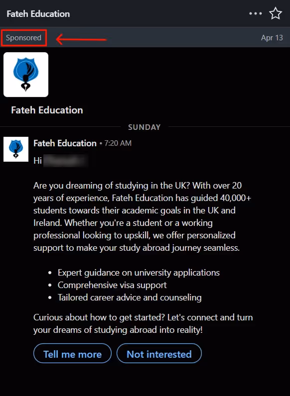 A sponsored LinkedIn post from Fateh Education about studying in the UK.
