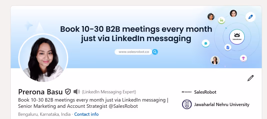 This image is a profile picture and banner image of Prerona Basu. It talks about LinkedIn for business and lead generation, which aligns with the content of the provided document "LinkedIn for Dummies: An Easy-to-follow Guide For Beginners". The document mentions strategies for business growth and turning LinkedIn into a lead machine, which is directly reflected in the image's advertisement of booking B2B meetings through LinkedIn messaging.