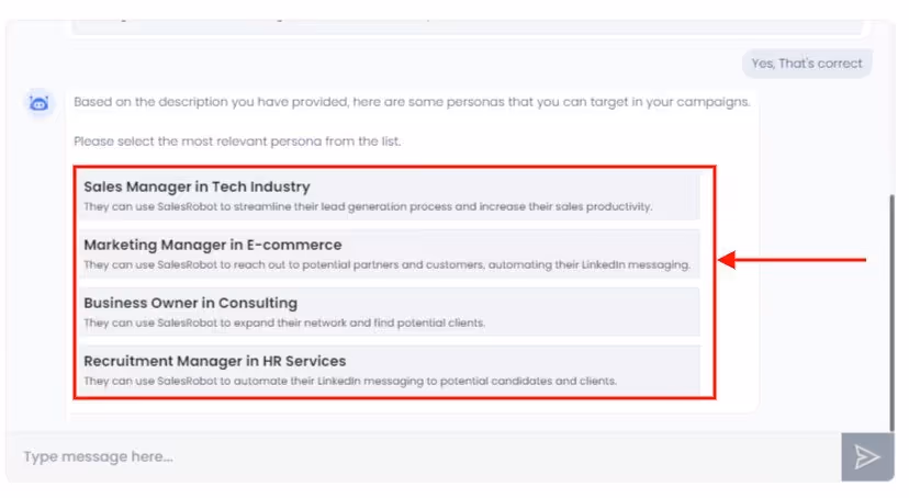 A screenshot of the SalesRobot interface showing a list of suggested personas for a LinkedIn campaign. The personas listed are "Sales Manager in Tech Industry", "Marketing Manager in E-commerce", "Business Owner in Consulting", and "Recruitment Manager in HR Services". Each persona includes a brief description of how SalesRobot can benefit them. A red arrow points to the "Marketing Manager in E-commerce" option.
