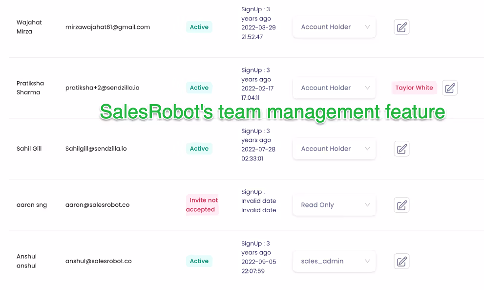 SalesRobot's team management feature.