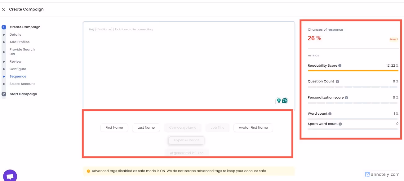 Create Campaign interface with response chances and metrics