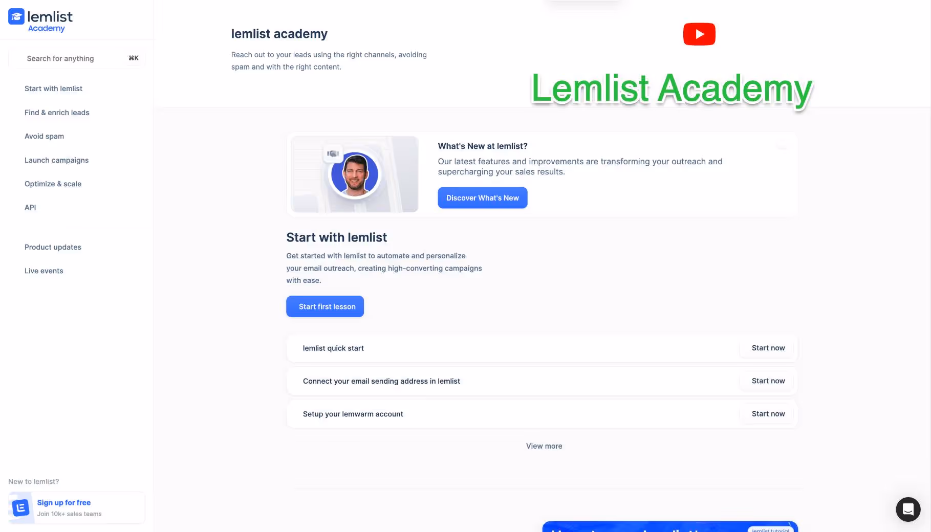 Lemlist Academy interface with learning resources and a YouTube icon.