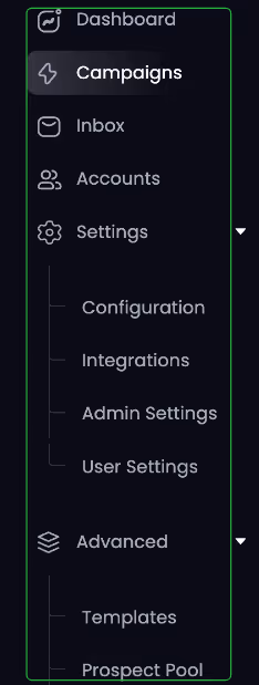 Dashboard, Campaigns, Inbox, Accounts, Settings, Advanced menu.
