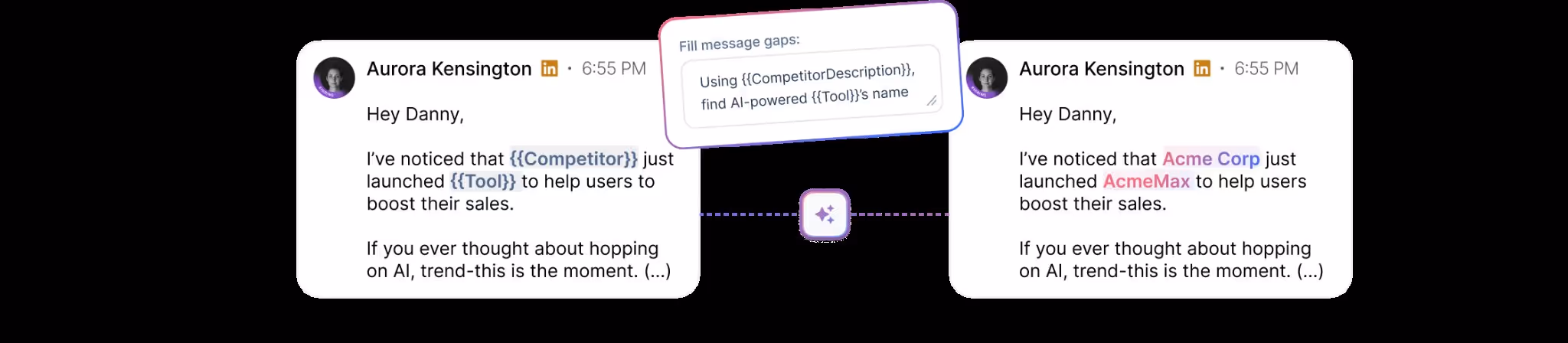 AI message personalization example with competitor and tool names.