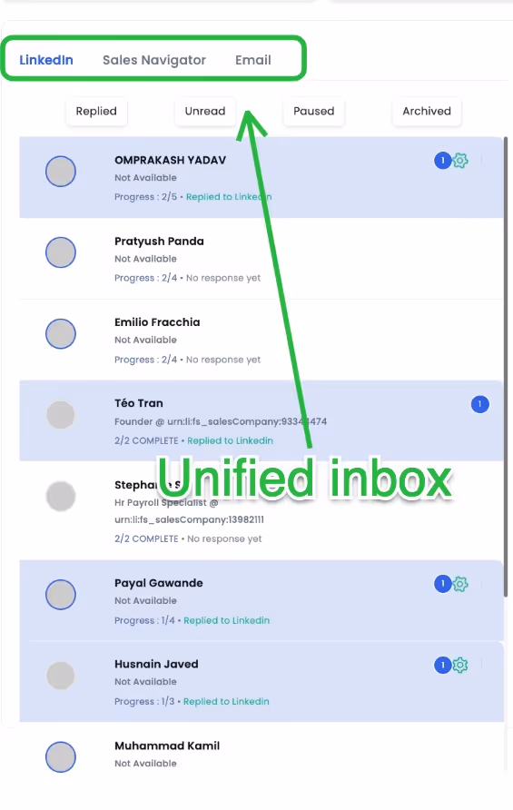 Unified inbox view with LinkedIn, Sales Navigator, and Email options.