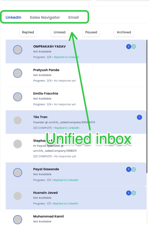 Unified inbox view with LinkedIn, Sales Navigator, and Email options.