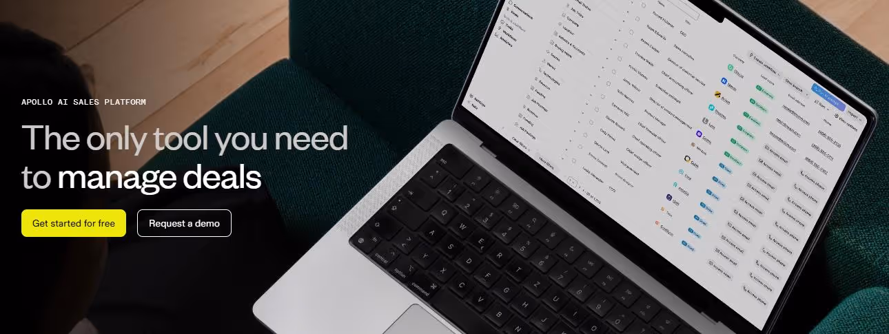 Apollo AI sales platform claims to be the only tool you need to manage deals, shown on a laptop screen.
