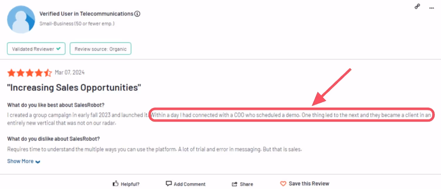 Screenshot of a user review about SalesRobot.